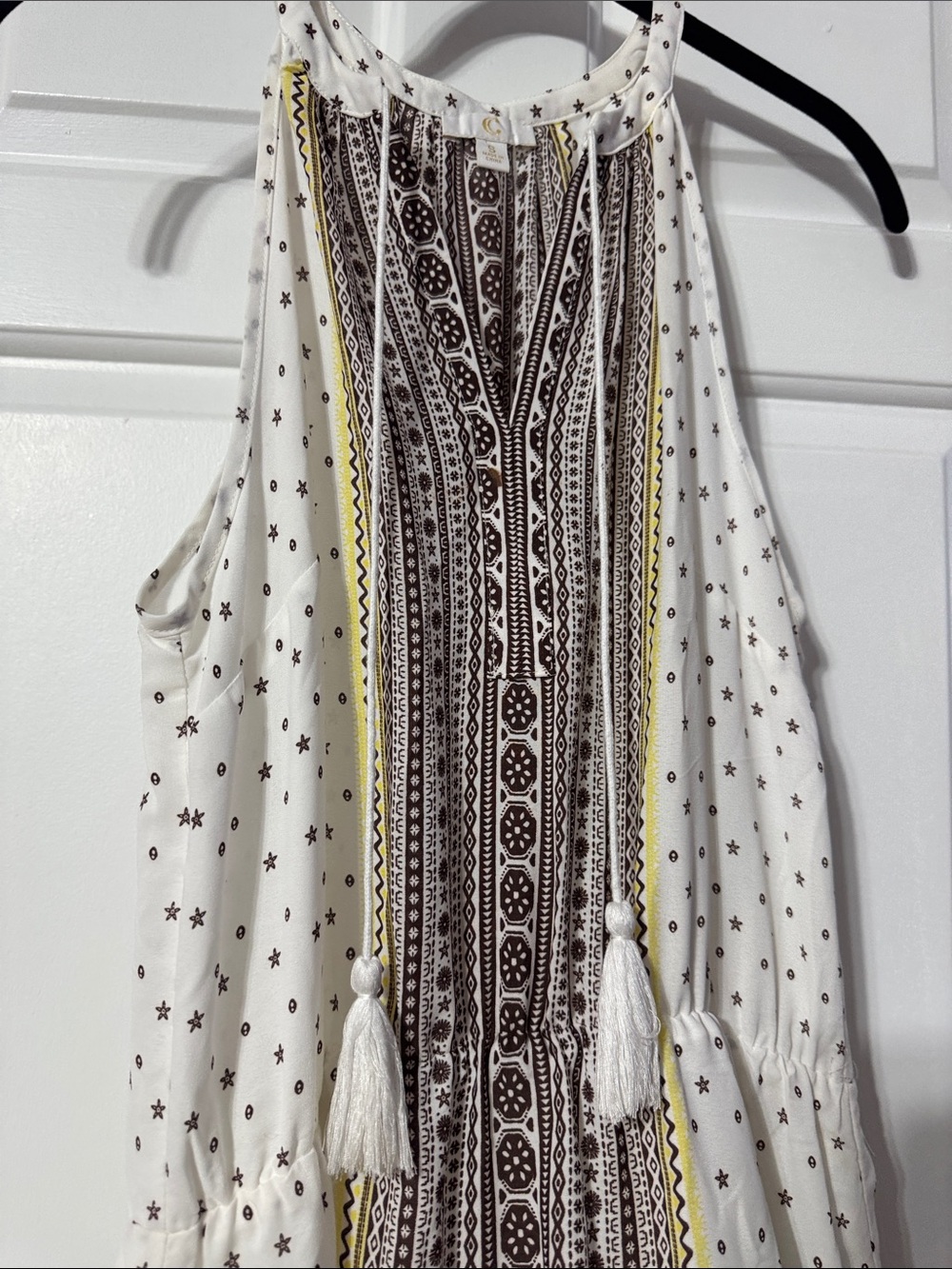 C White Dress with Brown and Yellow Tribal Stripes - Picture 3 of 6